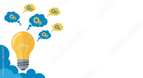 Illustration of a yellow light bulb with a thought bubble containing gears, symbolizing creative thinking processes, problem solving, and engineering innovation
