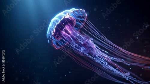 Underwater Footage of a Majestic Jellyfish Swimming in the Dark Ocean Depths with Sunlight Filtering Through