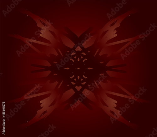 Abstract symmetrical background in dark red and maroon tones. This decorative design features tribal tattoo aesthetics with sharp curves and a gothic atmosphere. For wallpaper, banner, card, cover