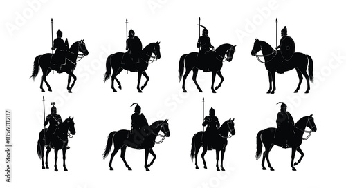 Silhouette study of equestrian figures in various poses a historical depiction