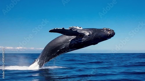 A powerful humpback whale leaps dramatically from the ocean, splashing water into the air