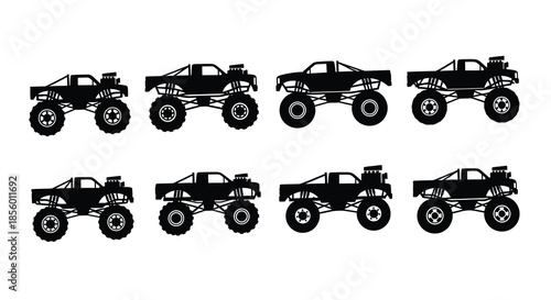 A collection of black and white illustrations depicting several monster trucks