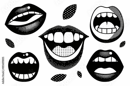 Halftone mouths and lips illustrations