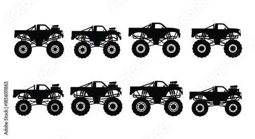 A collection of black and white illustrations depicting several monster trucks