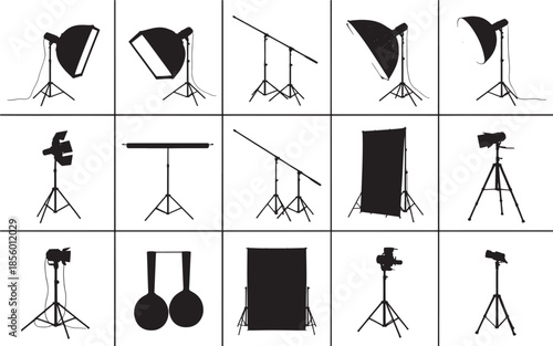 Collection of photography lighting equipment and studio setup icons displayed in grid format
