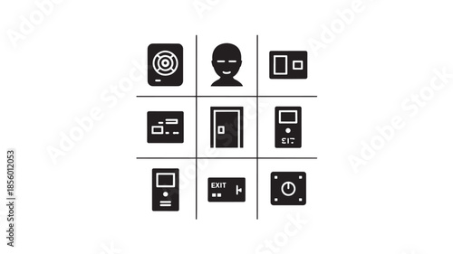 A grid of nine black icons representing various technology and communication symbols on a white background