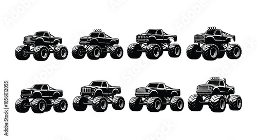 A collection of black and white illustrations depicting several monster trucks