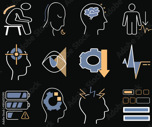 Professional medical icon set illustrating non-restorative sleep, showing unrefreshing sleep effects such as fatigue, brain fog, low energy, cognitive dysfunction, and reduced recovery for healthcare 
