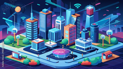 Futuristic vector illustration of smart city with connected buildings, data lines, and digital infrastructure.
