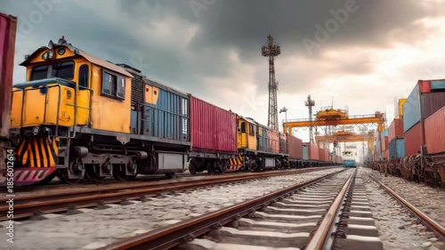 Freight train with shipping containers moves through a busy industrial railyard at dusk