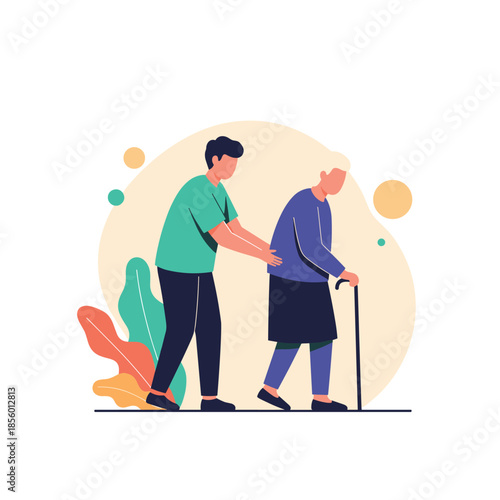 Young male caregiver provides physical assistance to an elderly woman using a walking stick during a therapy session in a warm environment.