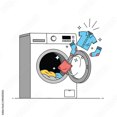 Modern front-loading washing machine with its door open while clean shirts and socks emerge into the air amidst sparkles and motion effects.