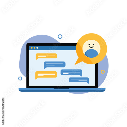 Laptop computer displays a messaging interface with colorful speech bubbles and a friendly user avatar to represent online communication.