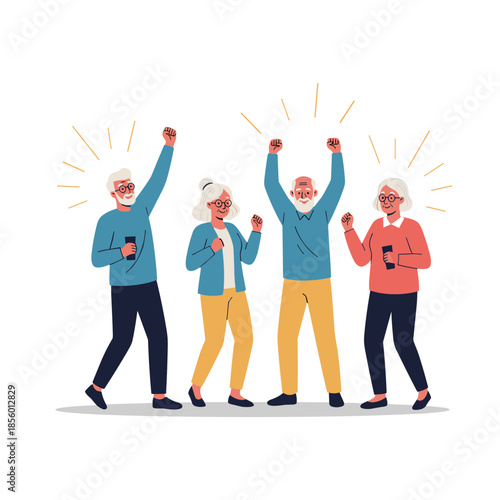 Group of energetic senior men and women cheering together with their arms raised high in a celebration of active retirement and health.