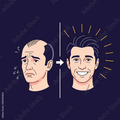 Before and after comparison illustration showing a sad balding man transforming into a happy individual with a full head of thick hair.