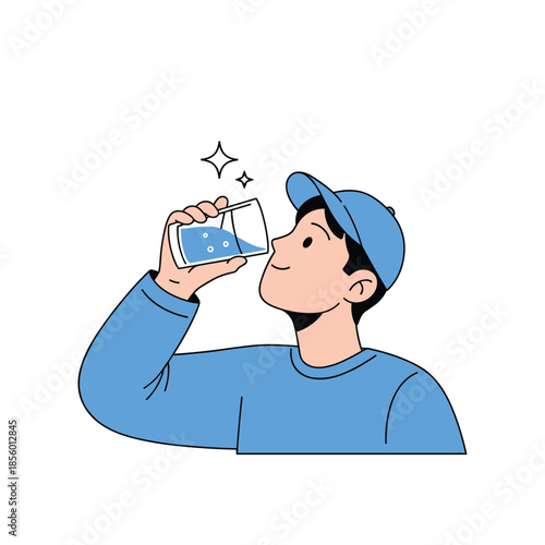 Young man wearing a blue cap and matching sweater smiles while enjoying a refreshing glass of clean water in a simple line art illustration.
