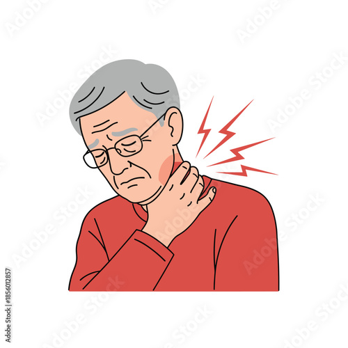 Senior man wearing glasses and a red sweater experiences sharp neck pain as indicated by stylized red lightning bolts and a glowing spot.