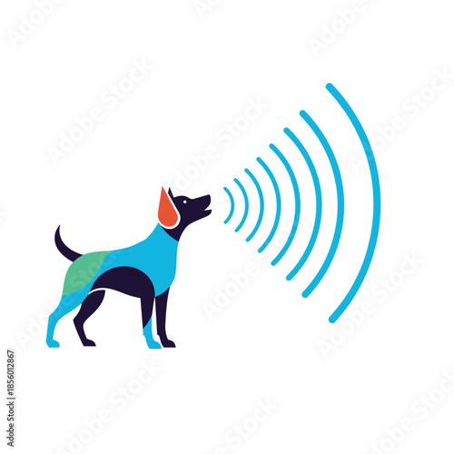 Silhouette of a dog standing and howling with concentric sound wave lines representing noise or vocal signals in a modern graphic style.