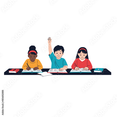 Diverse group of elementary school children sitting at their desks in a classroom with one boy raising his hand to answer a question.