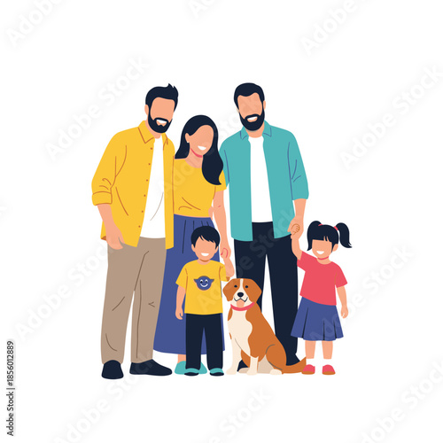Happy diverse family with a mother, two fathers, two children, and their pet dog stand together in a joyful group portrait of togetherness.