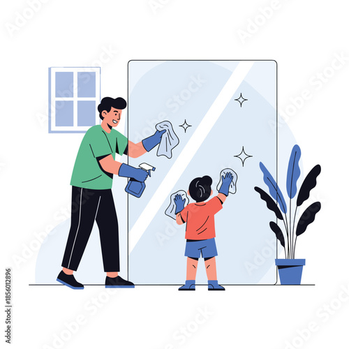 Father and his young son work together to clean a large glass door with sponges and spray bottles during a productive weekend at home.