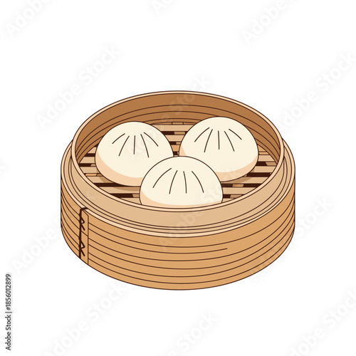 Three freshly steamed traditional baozi buns served inside a classic bamboo steamer basket for a delicious and authentic asian meal.