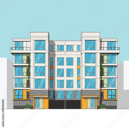 Modern multi-story apartment building architectural design features large windows balconies and yellow accents.