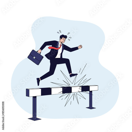 Determined businessman in a formal suit jumps over a hurdle representing professional challenges and success.