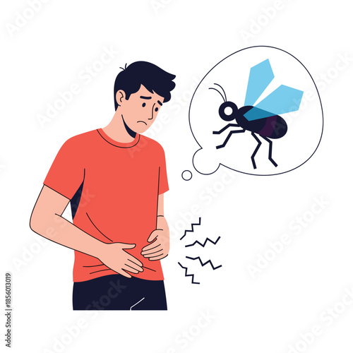Young man holding his stomach with a worried expression thinks of a fly suggesting food poisoning or infection.