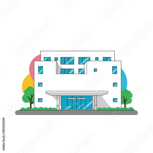 Modern white architectural structure for a medical center or office building with a glass entrance and green trees.