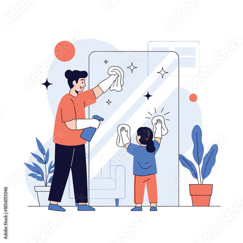 Father and young daughter working together to clean a glass window with spray bottles and cloths at home.