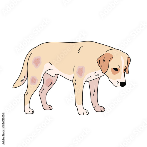 Sad golden retriever dog with red skin patches on its body indicates an allergy or dermatological condition.