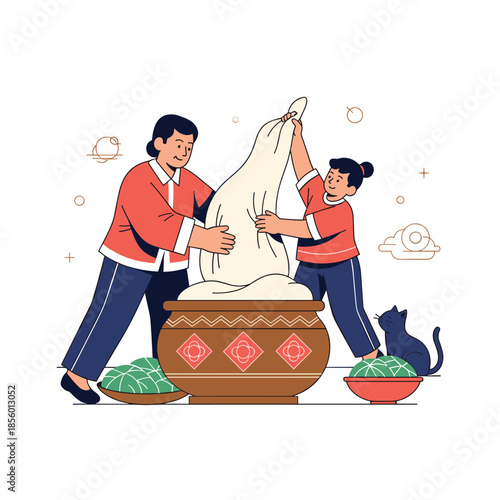 Two women in traditional Chinese clothing work together to prepare dough in a large patterned ceramic vessel.