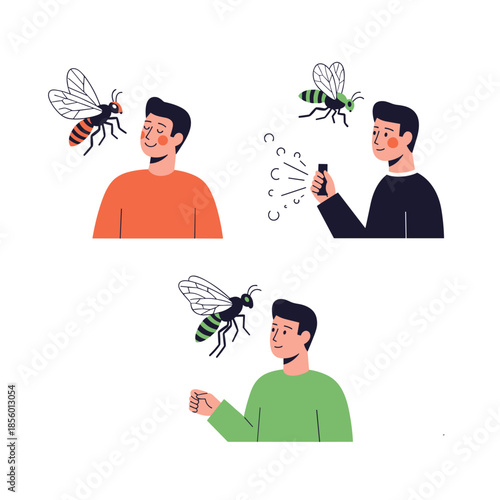 Man interacting with wasps shows three scenarios including being calm using repellent spray and feeling defensive.