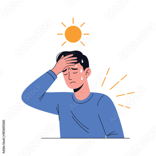 Tired man sweating and holding his forehead under a hot sun shows symptoms of heatstroke or high summer fever.
