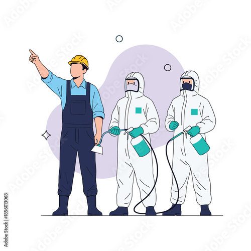 Supervisor directs team members in hazmat suits while performing professional disinfection and sanitation services.