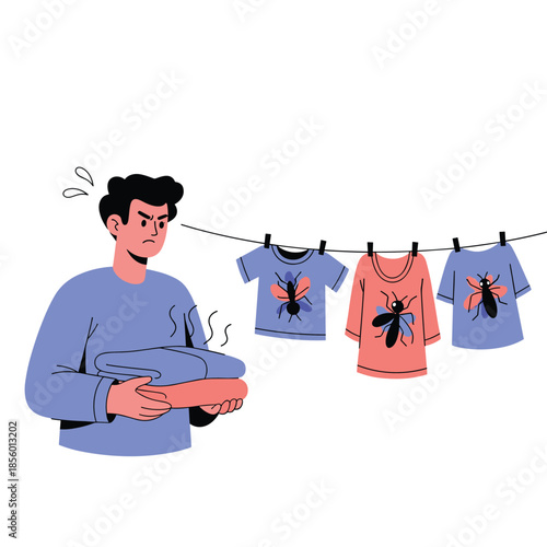 Frustrated man holding a stack of smelly laundry next to shirts on a drying line that are covered in flies and insects outdoors.