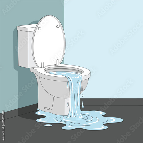 Detailed illustration of a white ceramic toilet overflowing with clean water spilling onto a dark bathroom floor due to a plumbing clog.