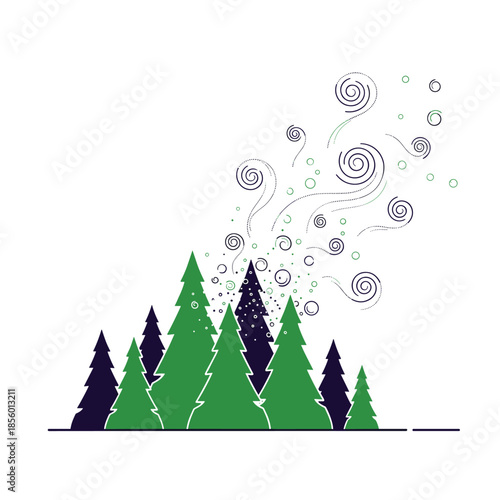 Stylized forest landscape with various pine trees and swirling wind patterns representing the release of pollen or the arrival of a cold front.