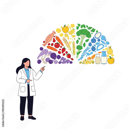 Nutritionist in a white coat pointing at a semicircular food chart containing various fruits, vegetables, grains, and proteins for a balanced diet.