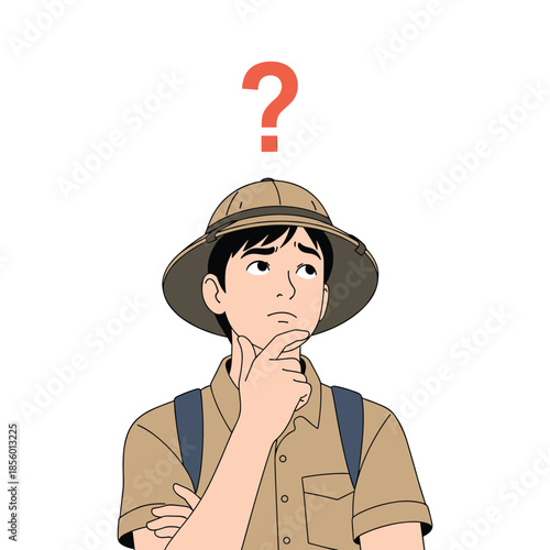 Portrait of a young explorer in a safari hat looking up thoughtfully with a large red question mark above his head to represent curiosity.