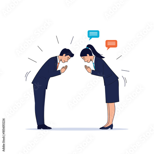 Businessman and businesswoman in suits performing a formal bow to each other with speech bubbles representing a polite professional greeting.