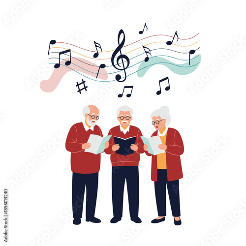 Group of three senior people singing in a choir with sheet music and vibrant musical symbols in the background to show an active social life.