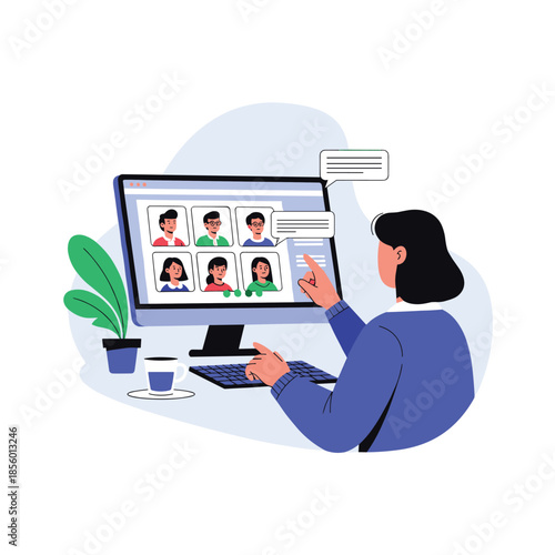 Woman sitting at a computer desk and participating in an online group video conference call with several colleagues for remote work.