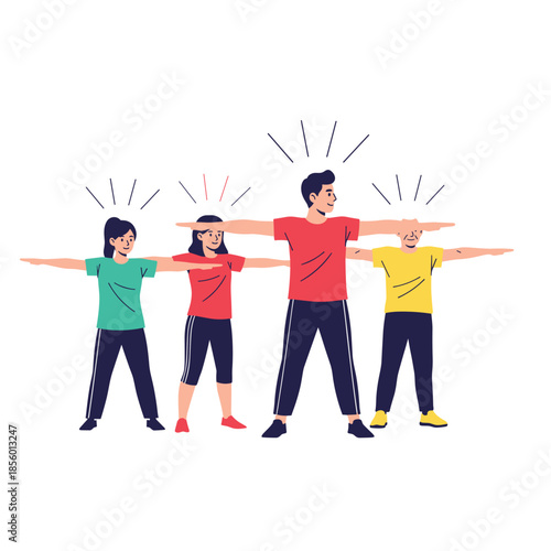 Diverse group of people and seniors led by a fitness instructor performing arm stretching exercises together in a wellness class.