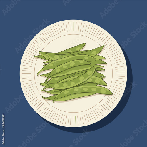 Top down view of a white ceramic plate containing a pile of fresh green sugar snap pea pods on a deep blue flat background.