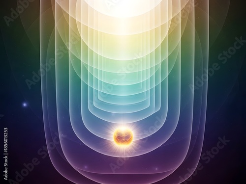 Abstract Rainbow Light Tunnel Leading to a Glowing Energy Orb in Dark Space, Symbolizing Future, Technology, and Spiritual Journey