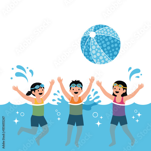 Three joyful children wearing goggles and swimsuits jumping and playing in blue water with a large colorful beach ball on a sunny day.