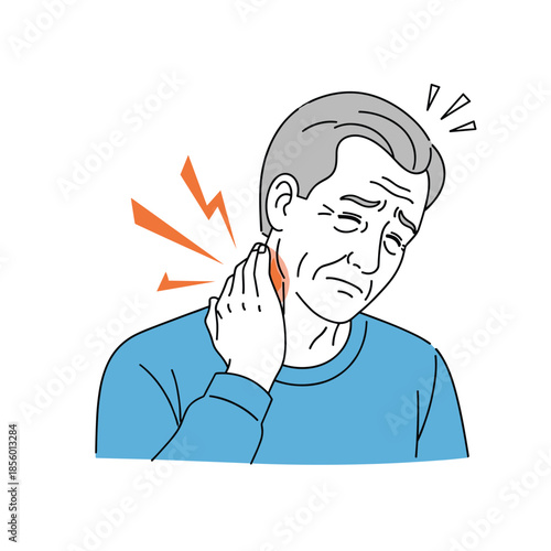Senior man with grey hair suffering from severe neck pain and cervical discomfort shown with orange graphic lightning bolt icons.