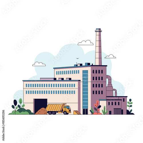 Industrial factory building complex with tall smoke stack and dumper truck unloading materials in a clean vector illustration.